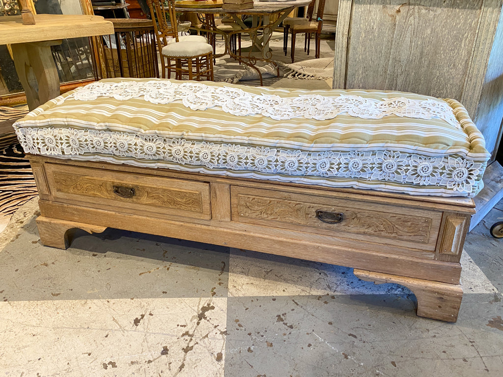 19th Century French Wood Banquette Bench with Cotton Cushion and Storage