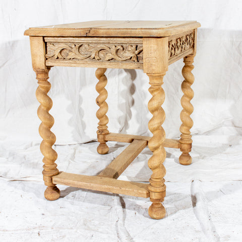 Antique French Carved Oak Barley Twist Side Table with Drawer