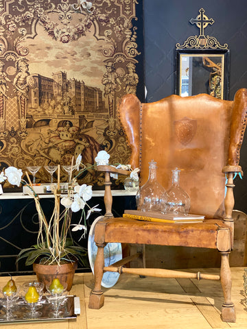 1920s Italian Leather Wingback Chair with Embossed Detail