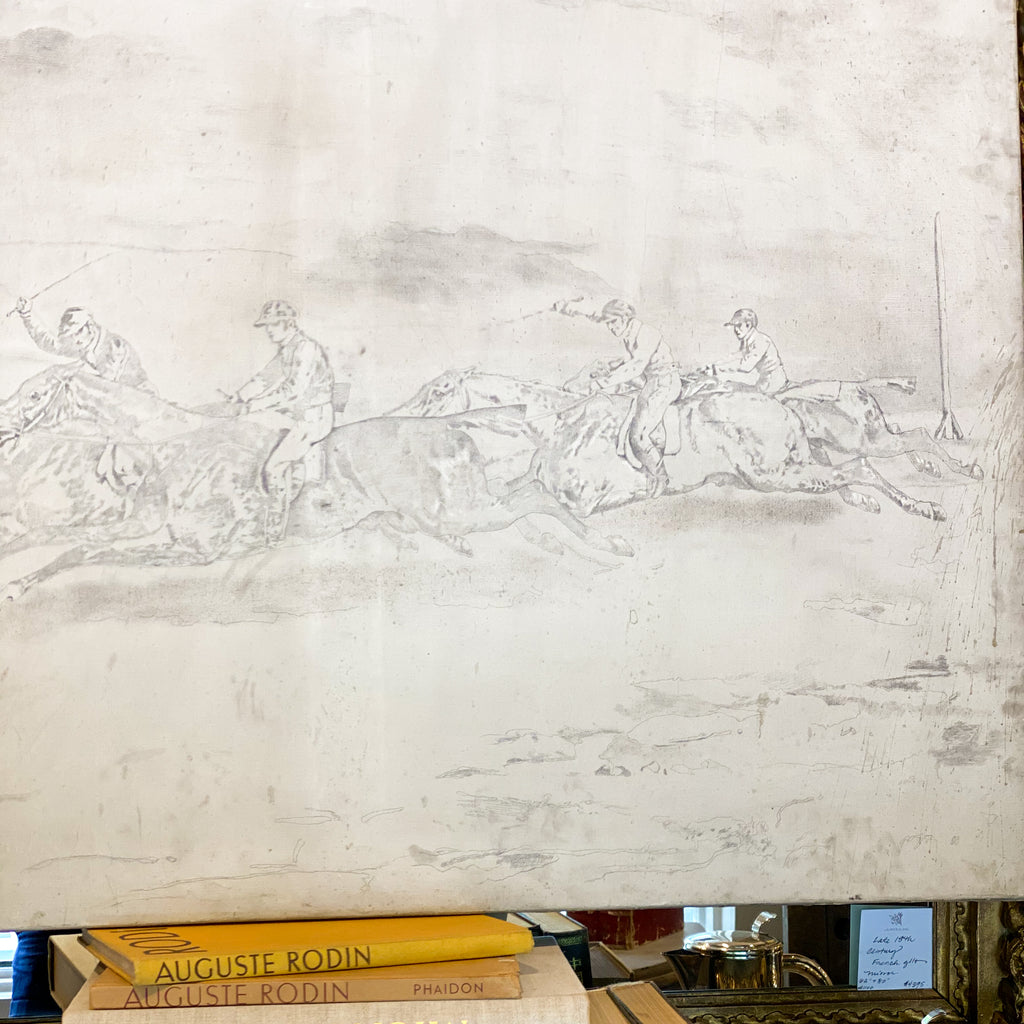 Antique French Painting of Horse Riders in Cream