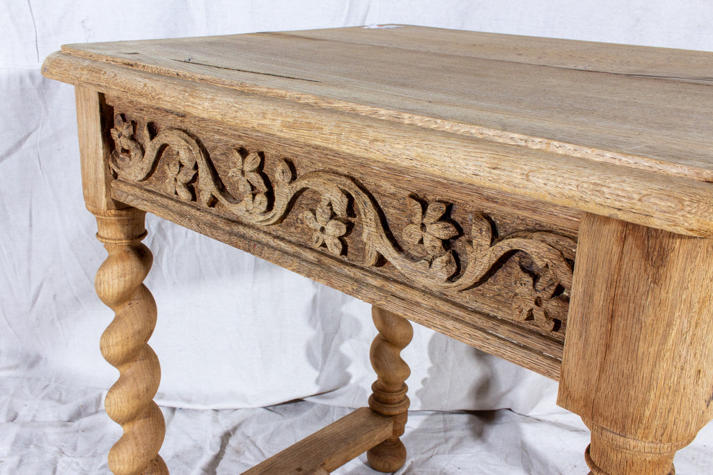 Antique French Carved Oak Barley Twist Side Table with Drawer