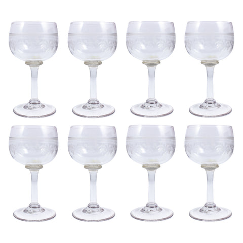 Vintage French Engraved Crystal Dessert Wine Glasses | Set of 8