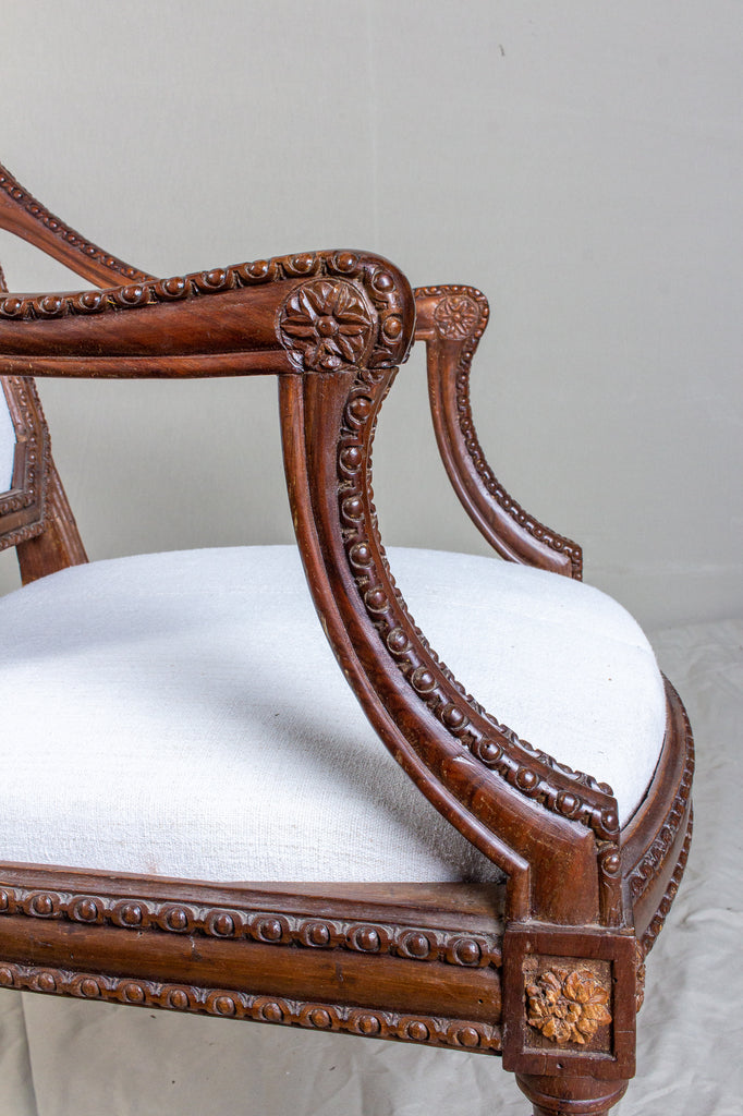 19th Century French Carved Armchair with Linen Upholstery