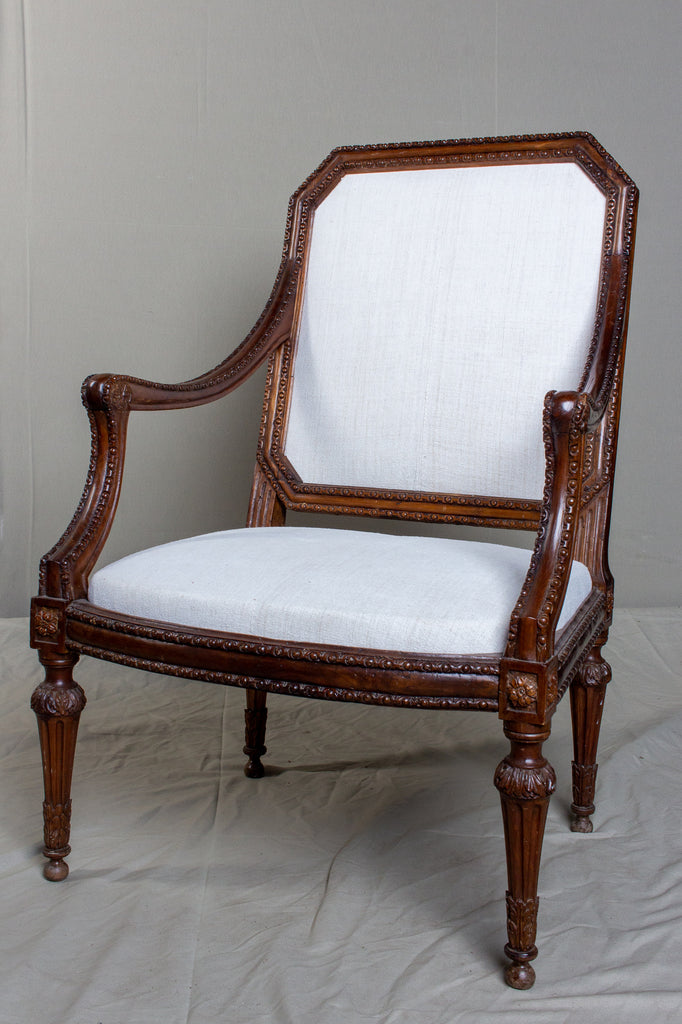 19th Century French Carved Armchair with Linen Upholstery