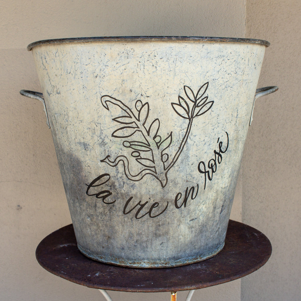 1900s Industrial Zinc Bucket With Calligraphy "La Vie en Rosé"