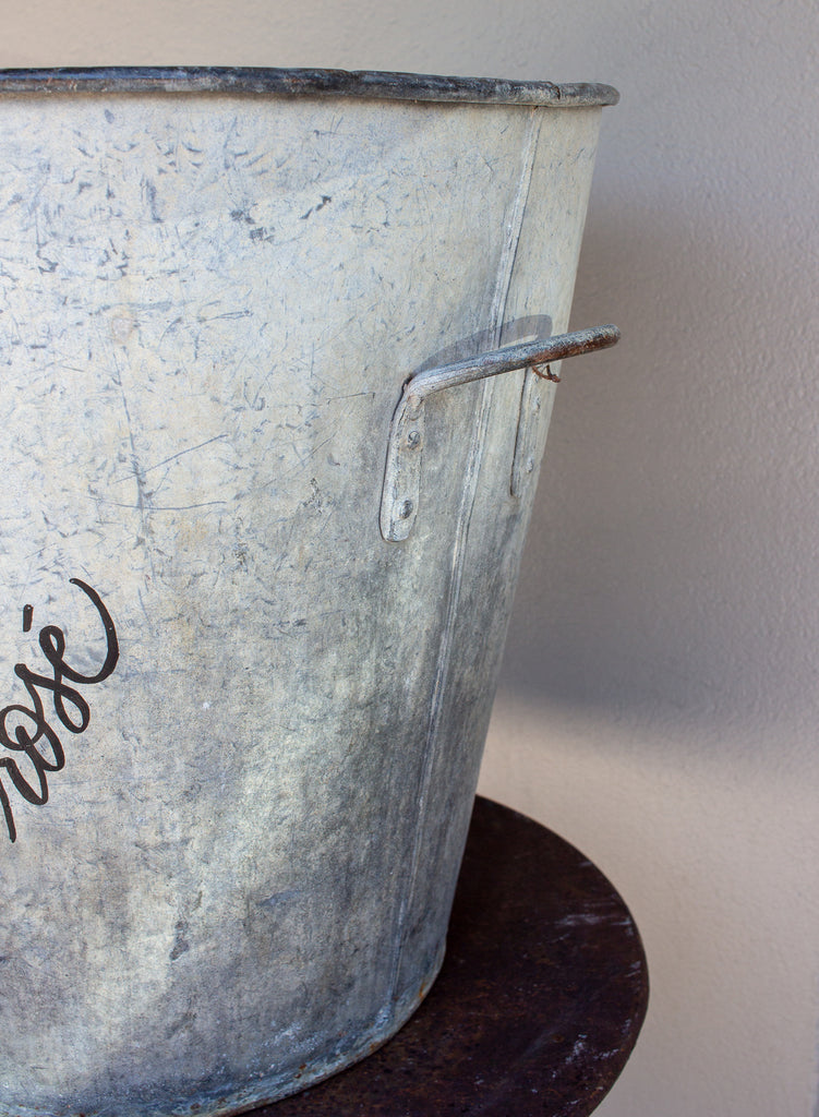 1900s Industrial Zinc Bucket With Calligraphy "La Vie en Rosé"