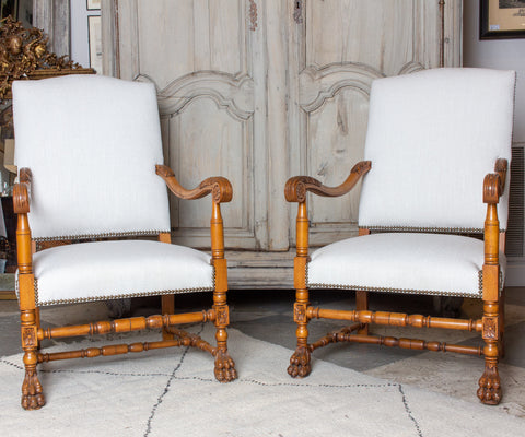 Antique French Louis XIII Carved Armchairs | Pair Available