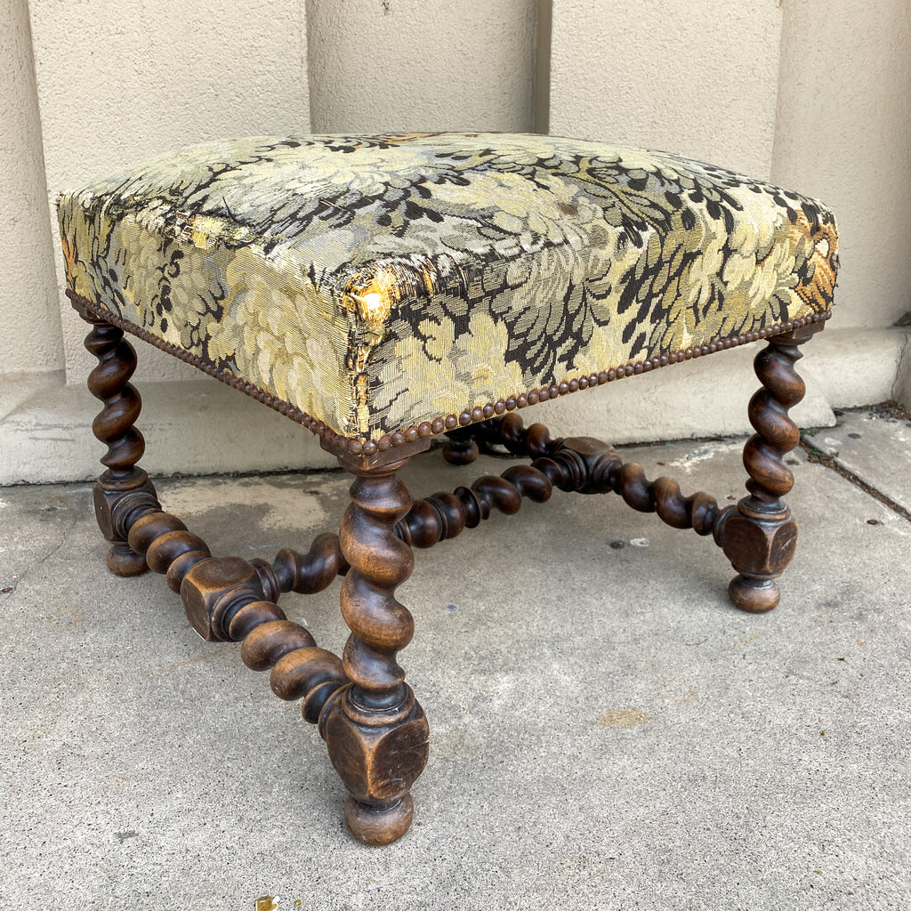 Antique French Barley Twist Ottoman with Embroidered Upholstery, circa 1900