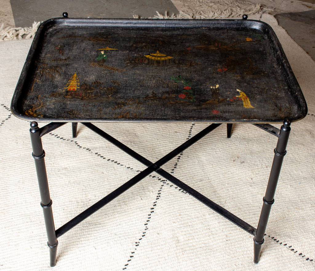 Vintage French Chinoiserie Tray Table in Black and Gold