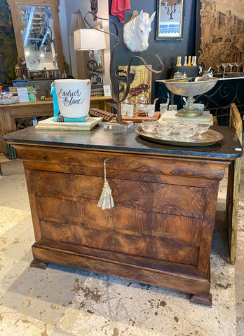 Antique French Mahogany Veneer Chest with Black Fossilized Marble Top