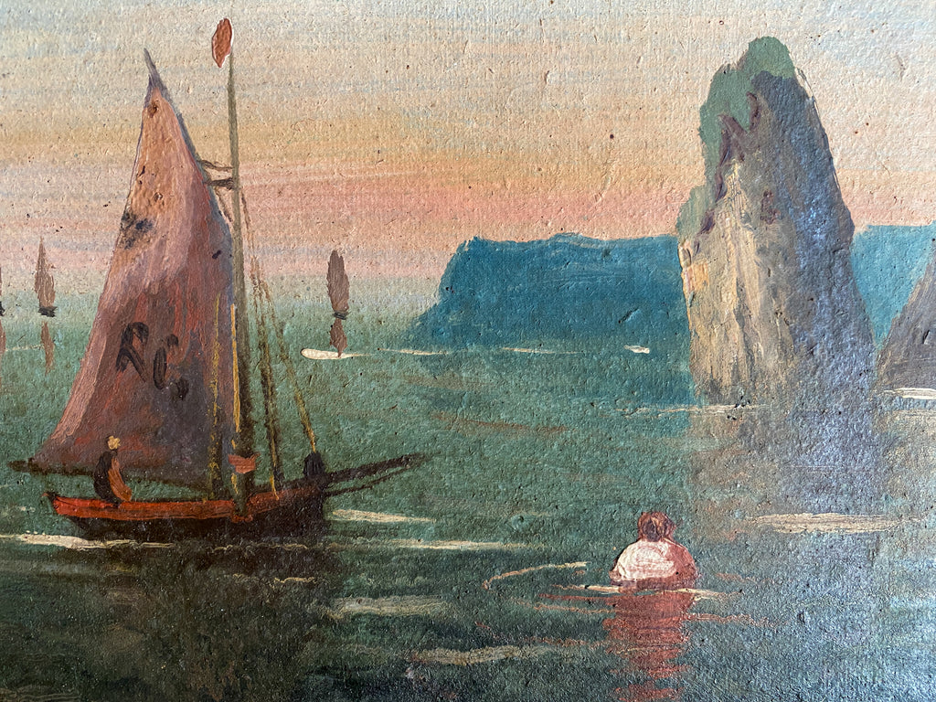 Small Vintage French Painting of the Côte d'Azur in Wood Frame