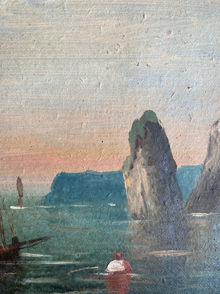 Small Vintage French Painting of the Côte d'Azur in Wood Frame