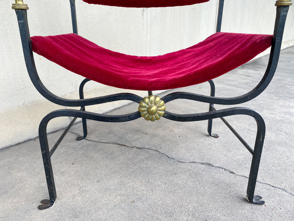 Midcentury Spanish Iron Savonarola Chair with Brass Accents and Red Velvet