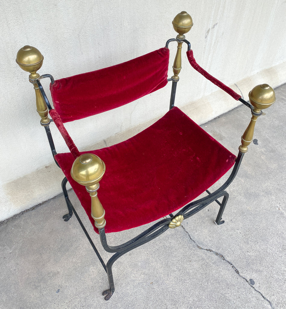 Midcentury Spanish Iron Savonarola Chair with Brass Accents and Red Velvet