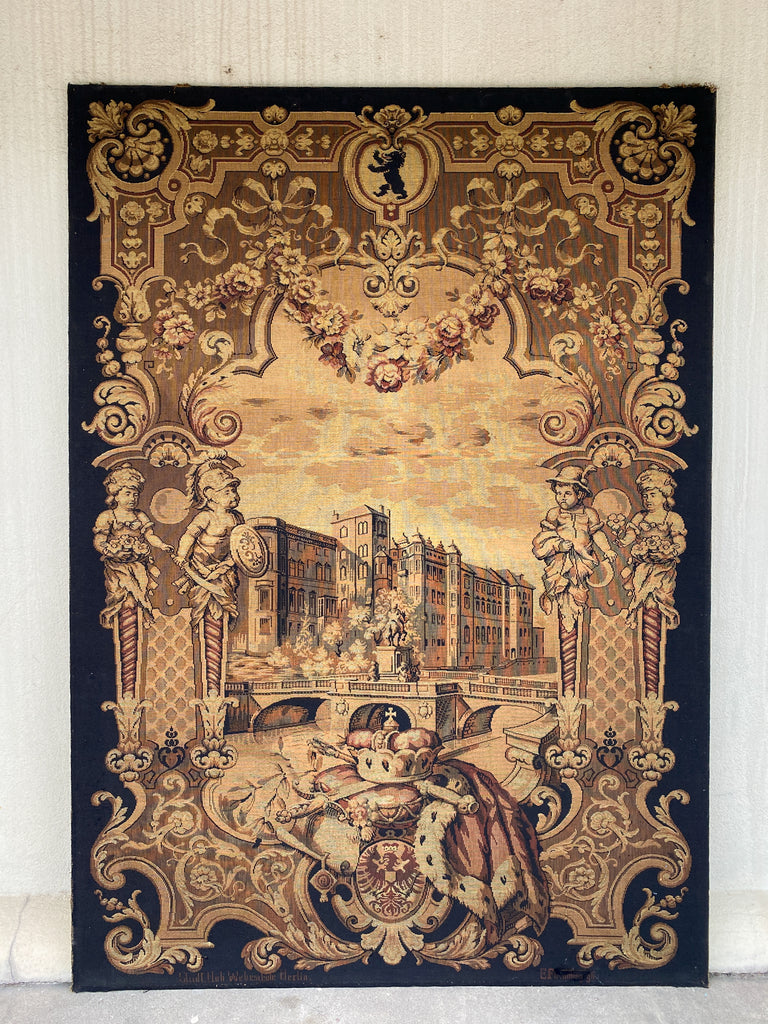 Large 19th c Antique Berlin Machine Woven Tapestry in Black, Gold & Burgundy