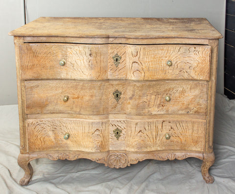 Antique French Stripped Oak Curved-Front Three-Drawer Commode
