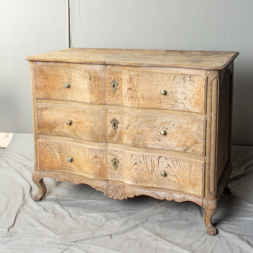 Antique French Stripped Oak Curved-Front Three-Drawer Commode