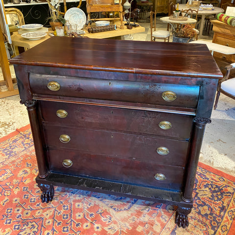 Large Empire Carved Chest of Drawers with Paw Feet and Brass Hardware