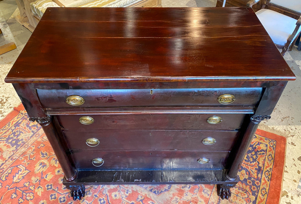Large Empire Carved Chest of Drawers with Paw Feet and Brass Hardware