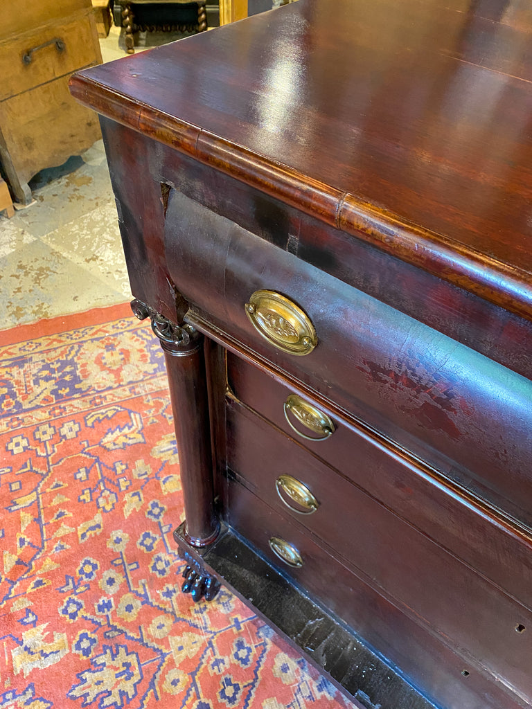 Large Empire Carved Chest of Drawers with Paw Feet and Brass Hardware