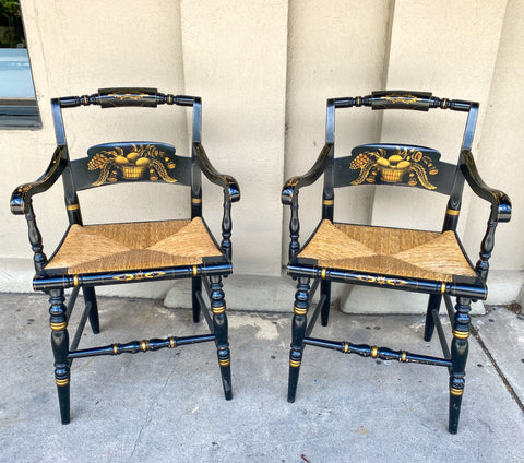 Pair of 1950s American Black and Gold Rush Seat Hitchcock Armchairs