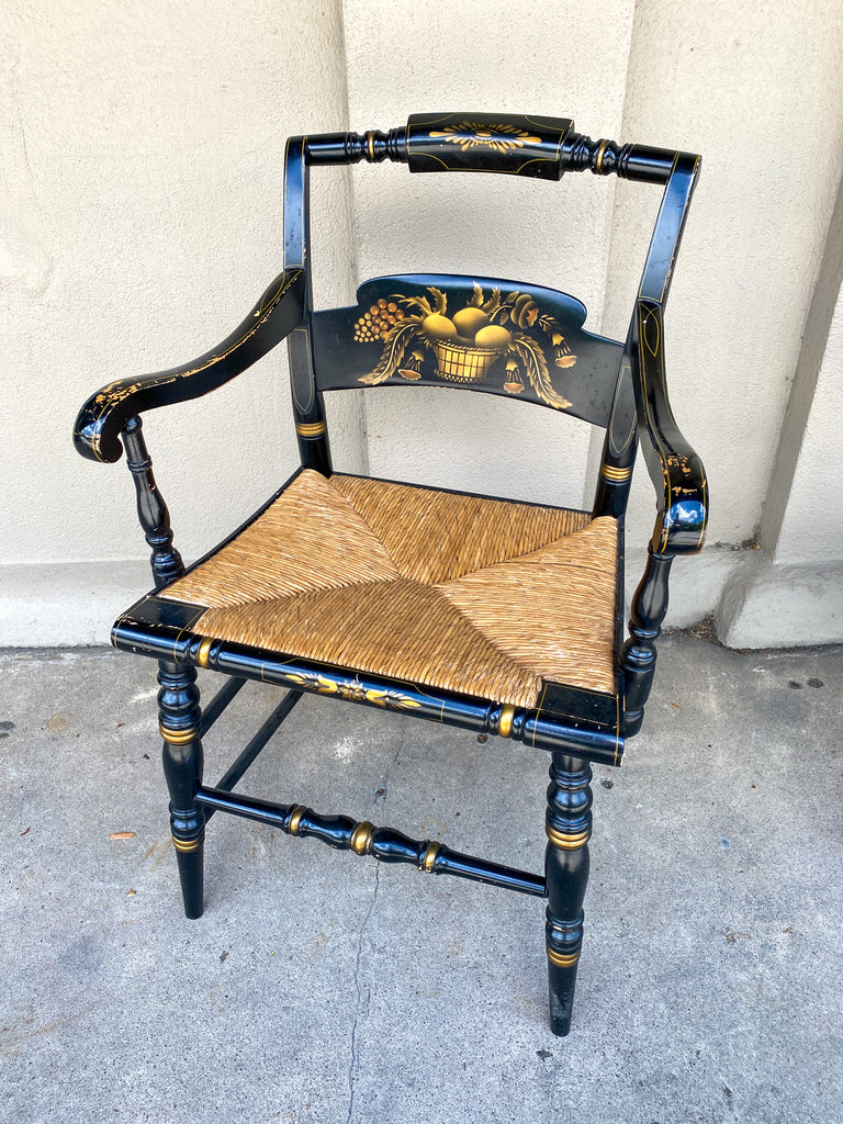 Pair of 1950s American Black and Gold Rush Seat Hitchcock Armchairs