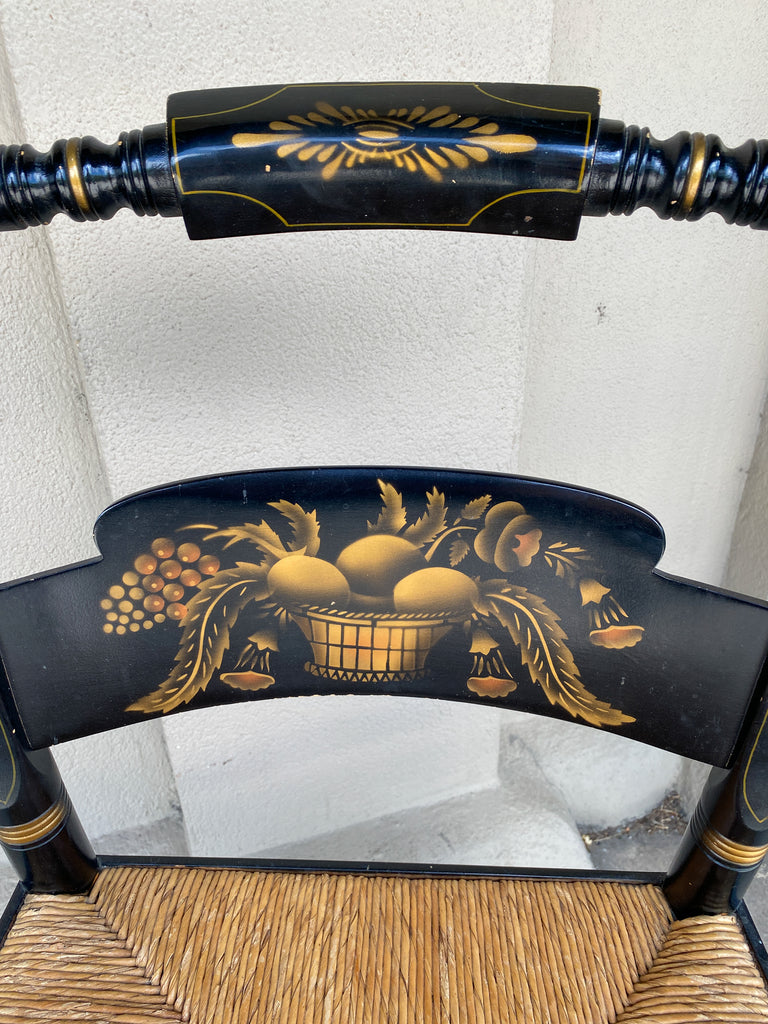 Pair of 1950s American Black and Gold Rush Seat Hitchcock Armchairs