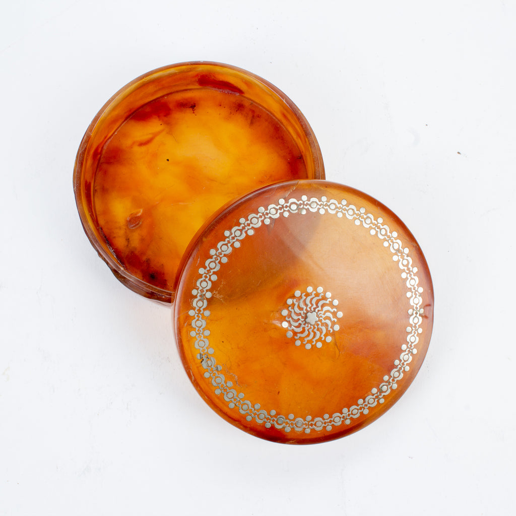 Small Round Antique Tortoise Shell & Inlaid Silver Box