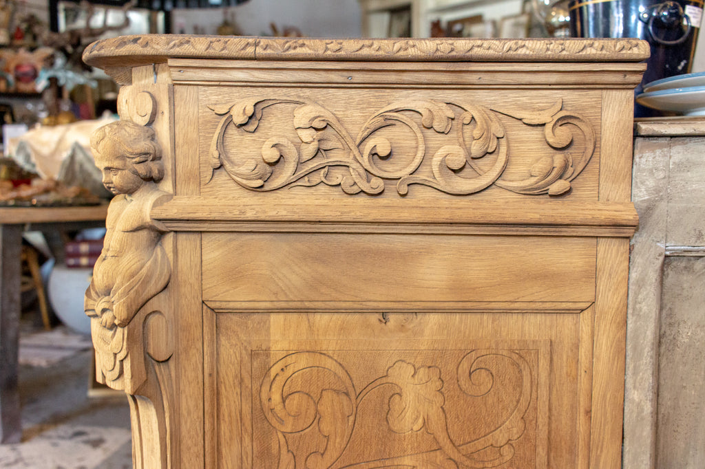 Antique French Carved Oak Hunt Buffet with Interior Shelves