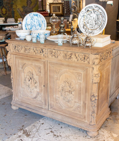 Antique French Carved Oak Hunt Buffet with Interior Shelves