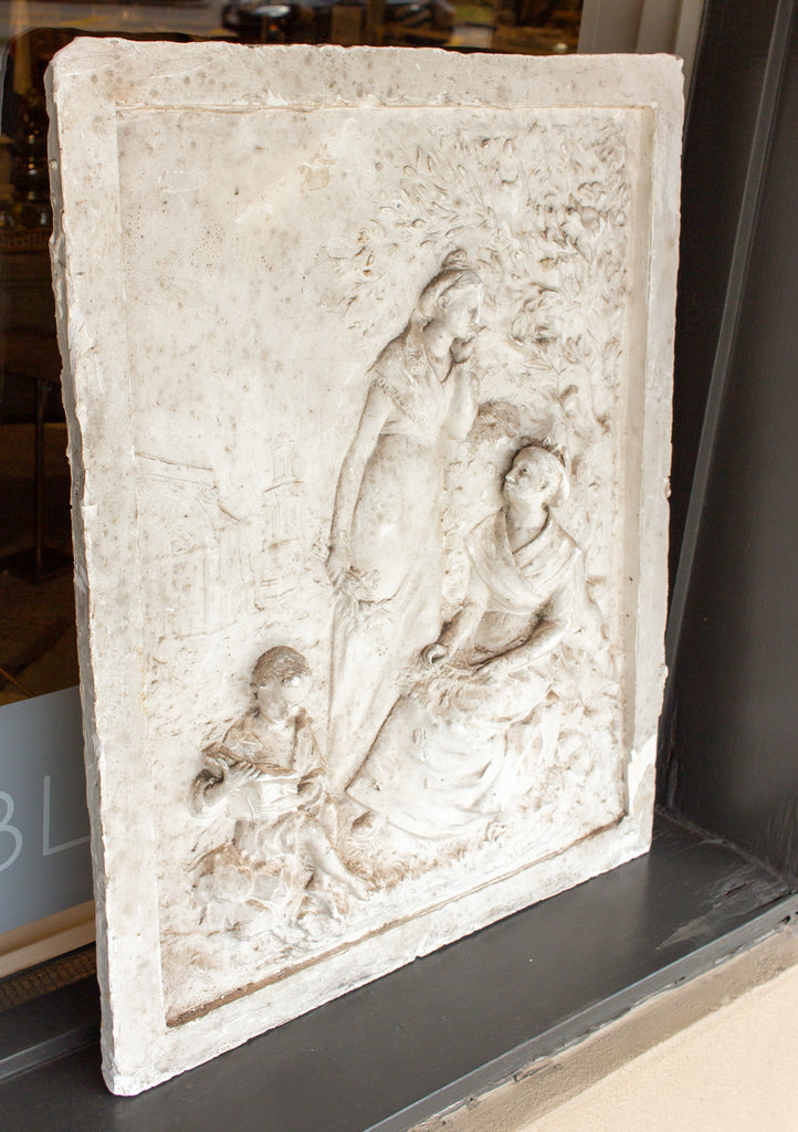 Signed Antique French Plaster Relief with Garden Scene and Three Figures