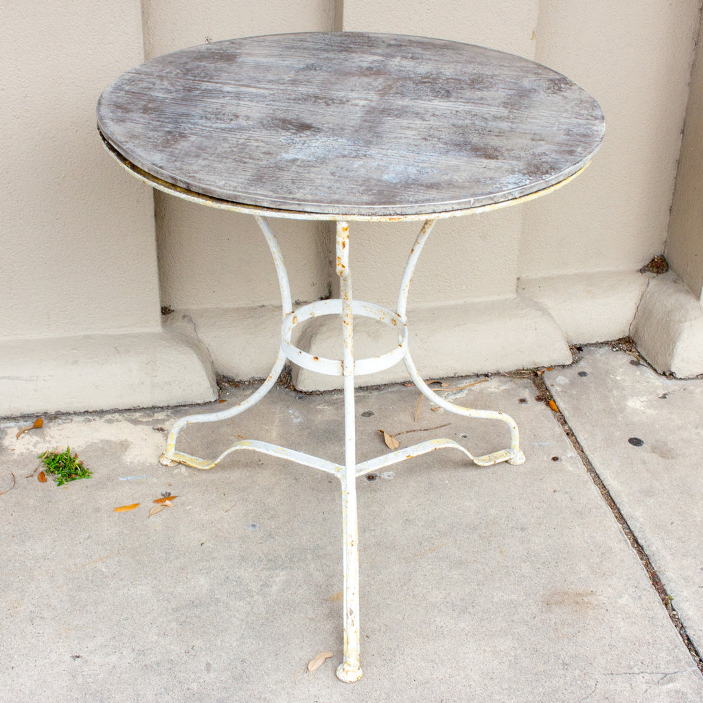 Antique French Painted Iron Bistro Table with Wood Top in Greige