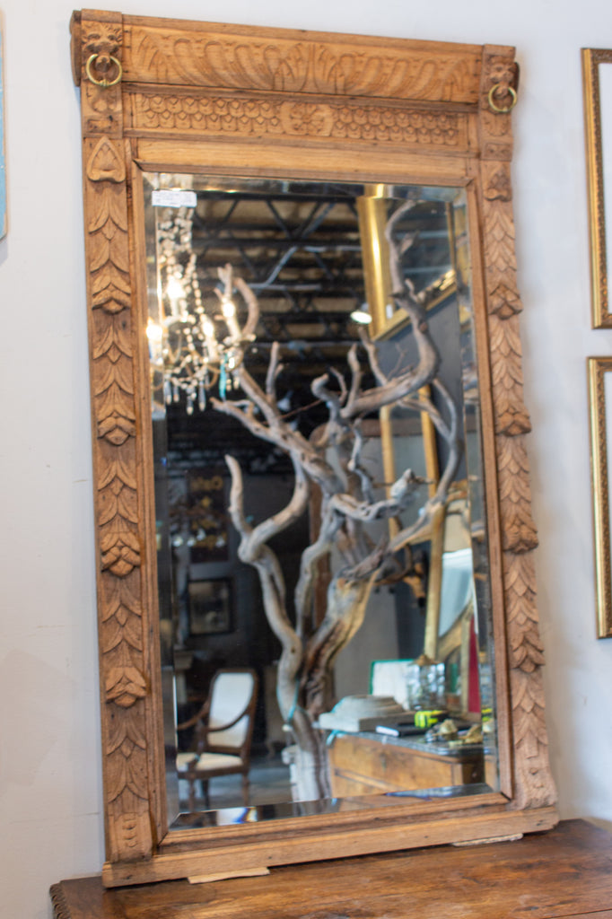 1920s Belgian Malinois Carved Wood Mirror with Brass Ring Detail & Beveled Glass
