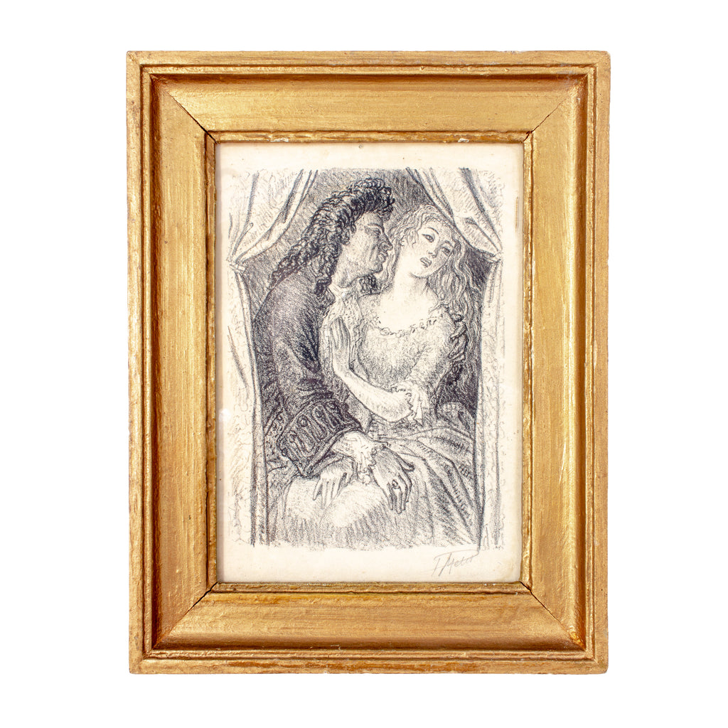 Small Antique Signed French Etching in Gilt Frame