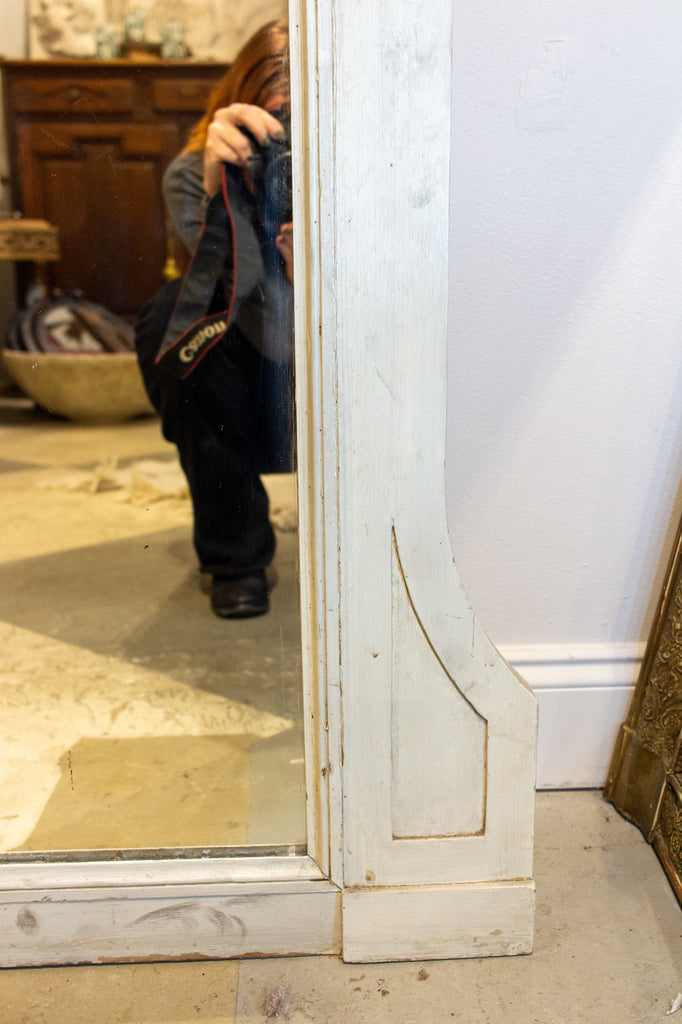 Large Antique French Painted Floor Mirror in Antiqued White