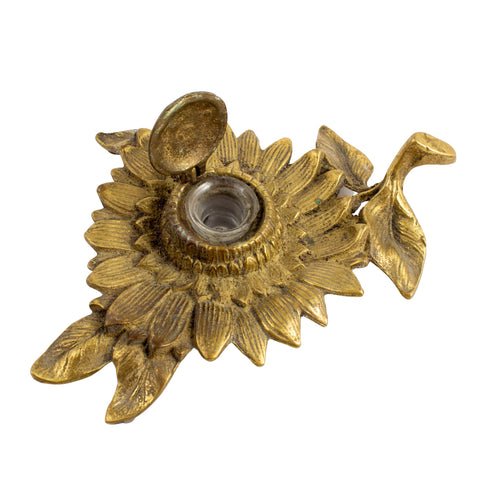 Antique French Brass Sunflower Inkwell