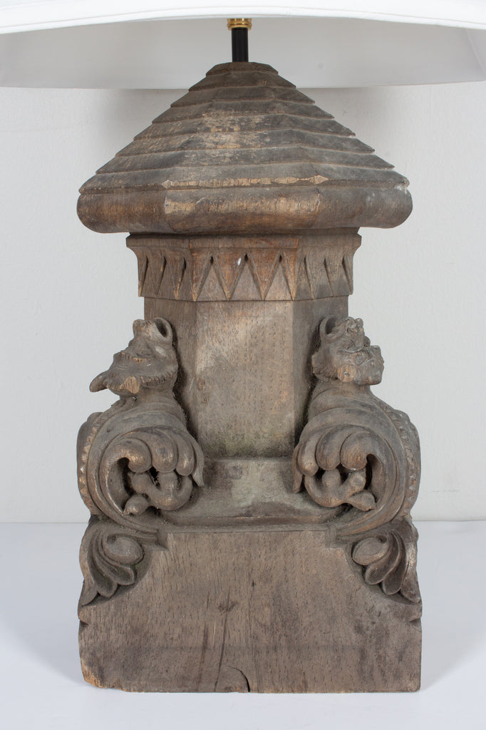 Pair of Antique French Gothic Wood Architectural Fragment Lamps