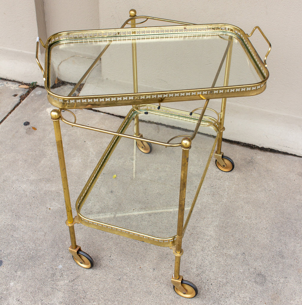 Art Deco French Brass and Glass Bar Cart with Tray Top on Casters