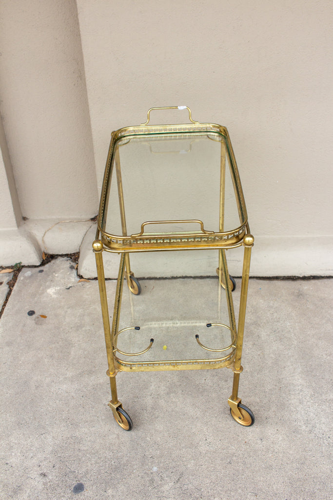 Art Deco French Brass and Glass Bar Cart with Tray Top on Casters