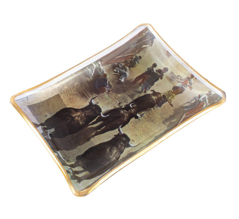 Vintage Glass Dish with Running of the Bulls Printed Image