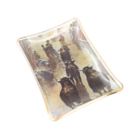 Vintage Glass Dish with Running of the Bulls Printed Image