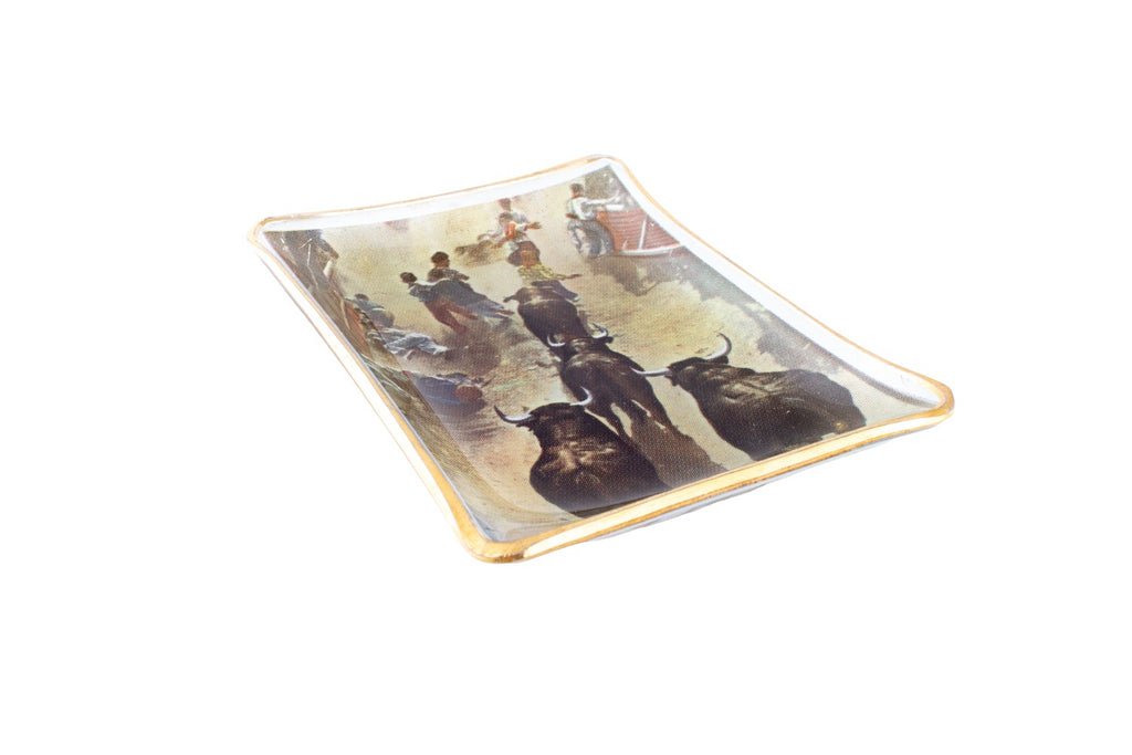 Vintage Glass Dish with Running of the Bulls Printed Image