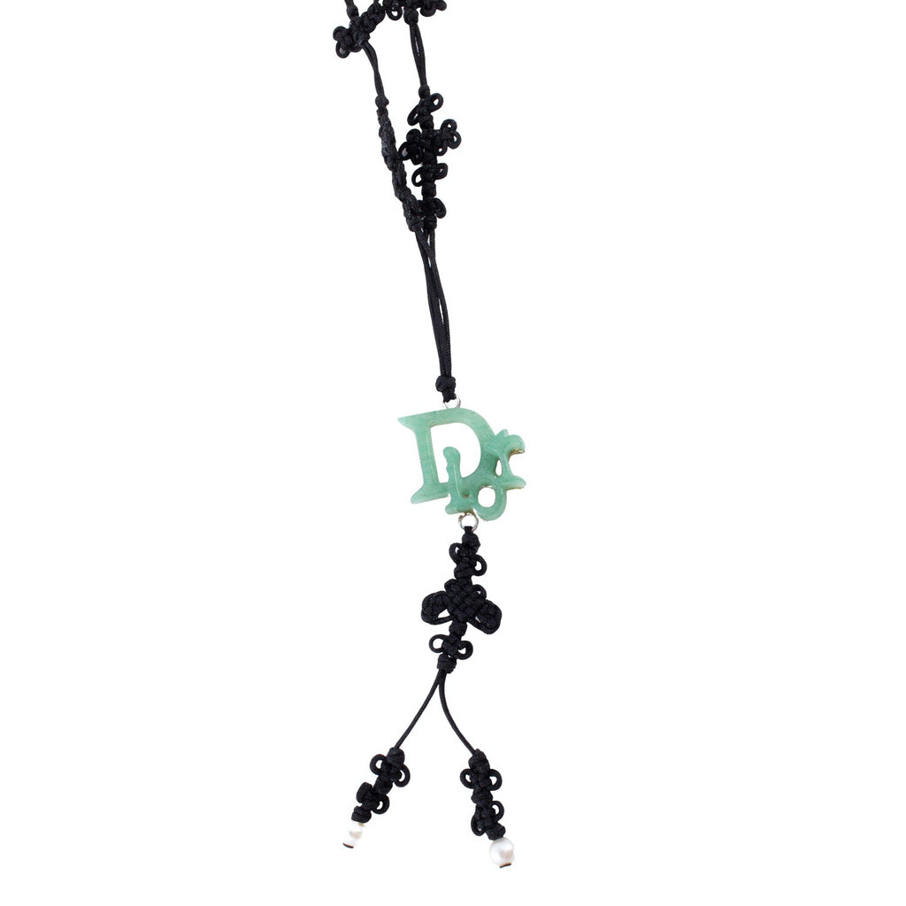 Vintage Jade Dior Necklace on Nylon Lariat Necklace with Seed Pearls