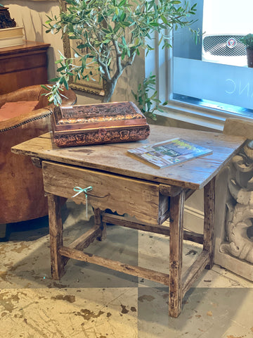 Early Spanish Rustic Oak Side Table with Drawer & Iron Pull