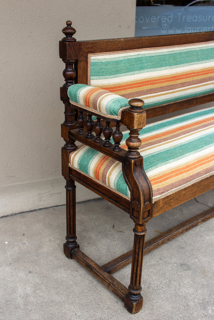 19th c French Carved Wood Hall Bench with Upholstery