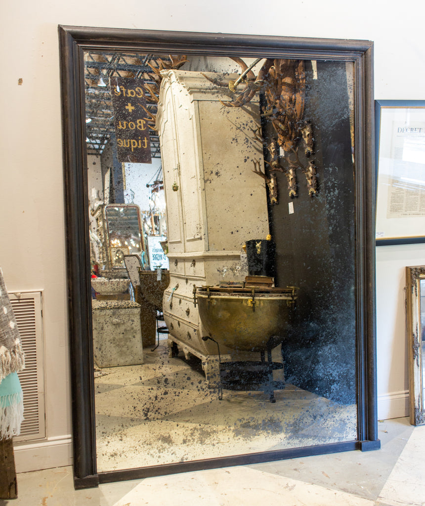 Antique French Full-Length Mirror in Hand-painted Black Frame
