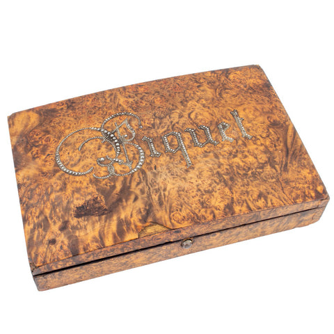 Small French Burled Wood Box with "Biquet" Inscription & Card Game