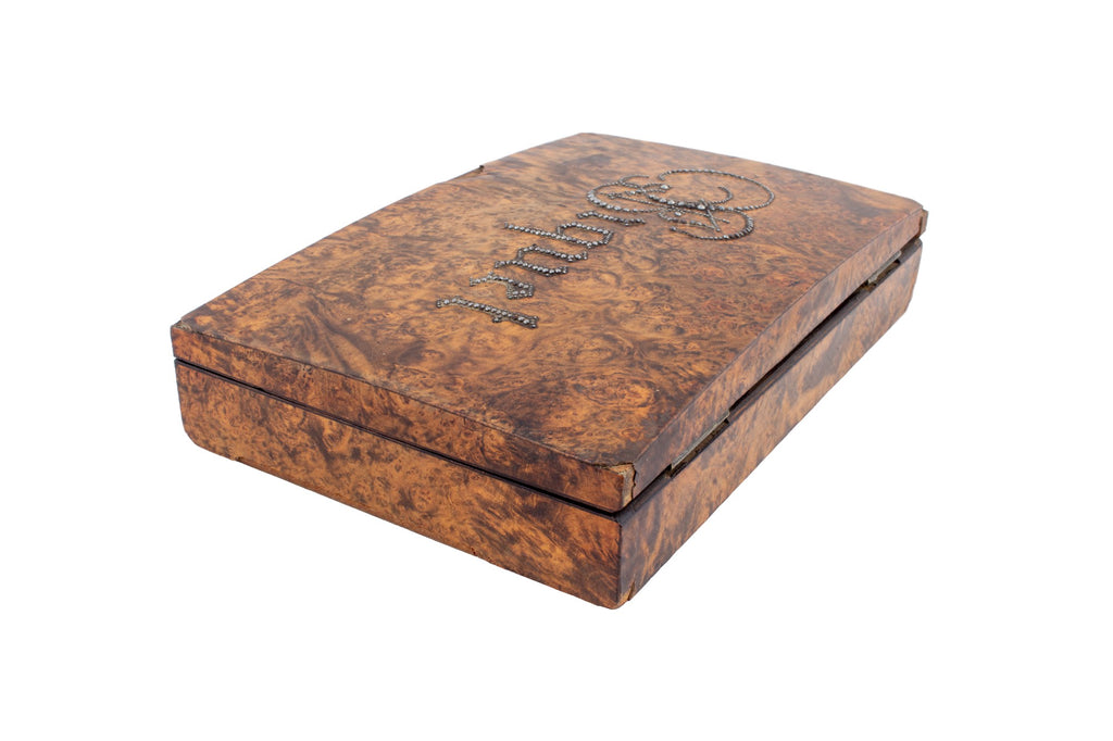 Small French Burled Wood Box with "Biquet" Inscription & Card Game