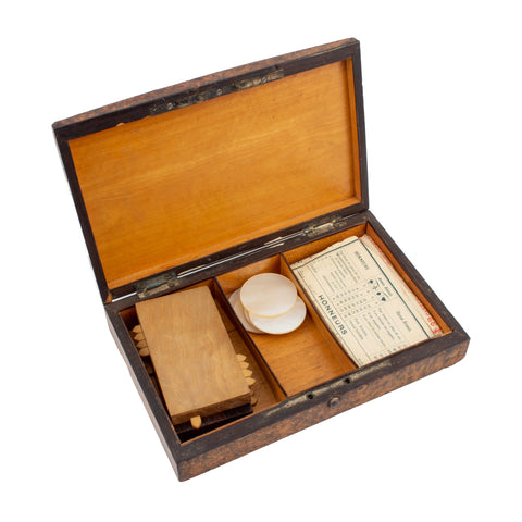 Small French Burled Wood Box with "Biquet" Inscription & Card Game