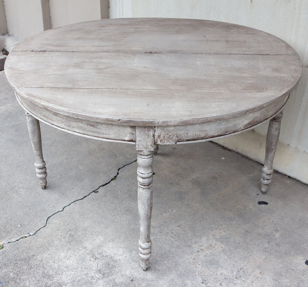 Antique French Oak Folding Demi-lune Console and Round Table in Greige Finish